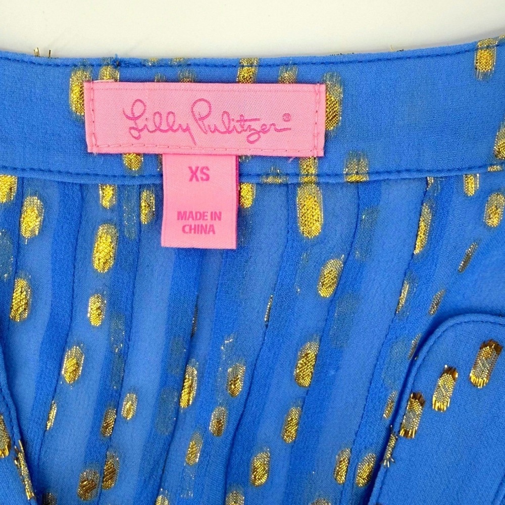 Lilly Pulitzer Colby Silk Blend Gold Metallic Dot V-Neck Blouse Sheer Blue XS - Picture 4 of 7